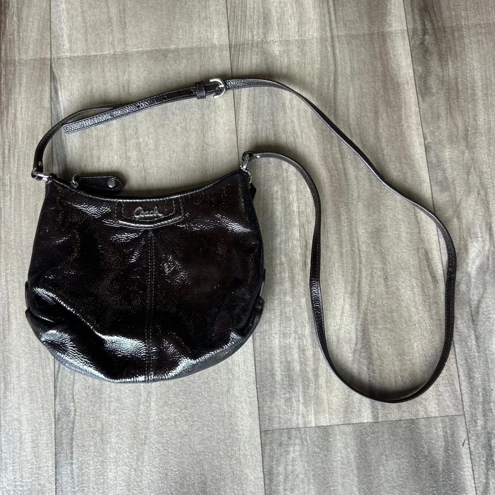 Coach Mahogany Brown Patent Leather Crossbody Bag Crinkle Texture Silver Logo
